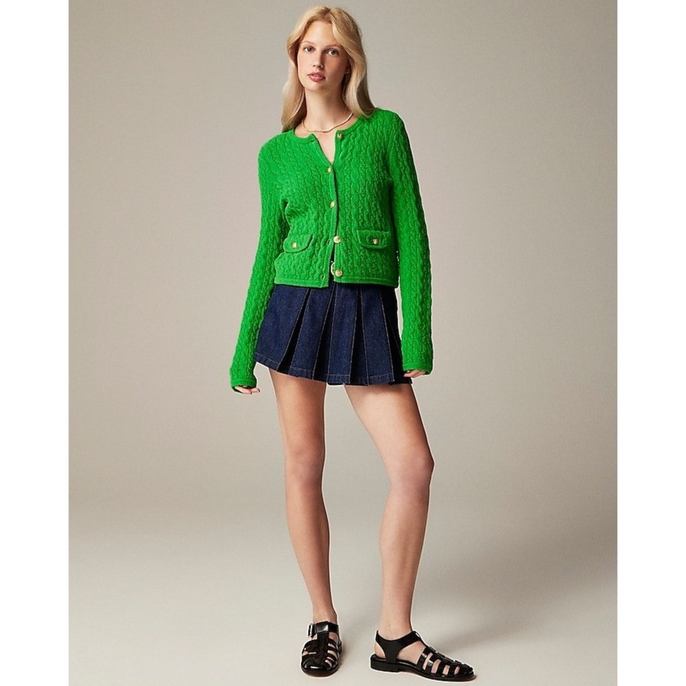 J.Crew Odette Cable-Knit Lady Jacket Sweater Green Gold Buttons Pockets Size M